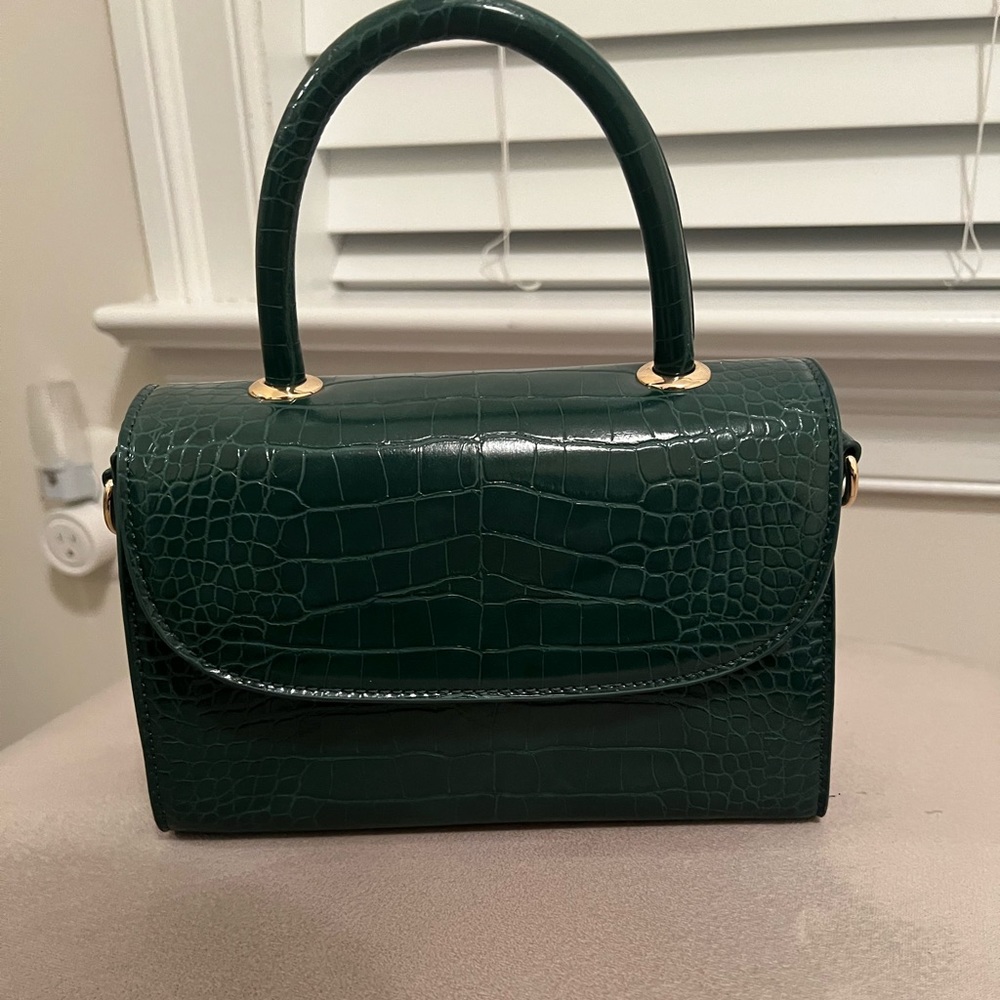 Top handle faux crocodile leather green bag